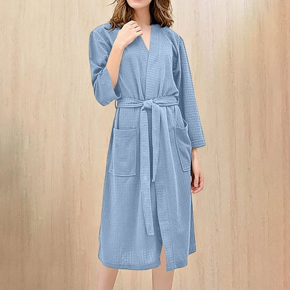 Abomasnow Robes for Women Ribbed Knit Bathrobe Soft Knee Length Kimono Robe Fall Winter Long Sleeve Sleepwear Lace up Lightweight Robe with Pockets