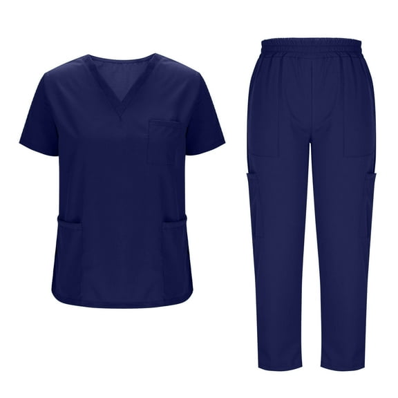 Abomasnow Scrub Sets for Women Solid Color V-Neck Short Sleeve Scrub Tops and Long Pants Nurse Uniform with Pockets Navy XXL
