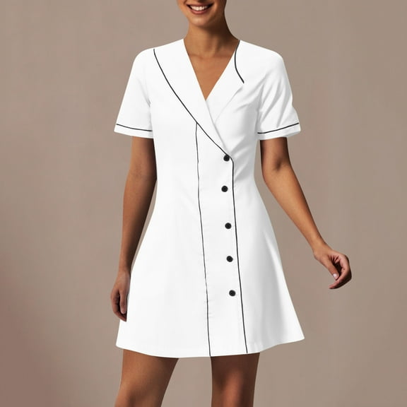 Abomasnow Scrubs Dress for Women Button Down V Neck Nursing Workwear Dress A-Line Short Sleeve Uniforms Dress S-2XL