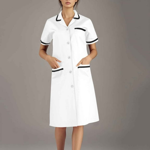Abomasnow Scrubs Dress for Women Button Front Nursing Workwear Casual Housekeeping Dresses with Pockets S-2XL