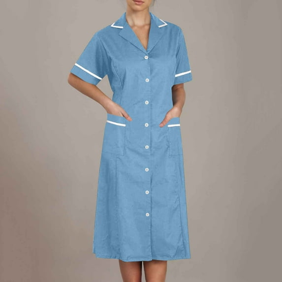 Abomasnow Scrubs Dress for Women Short Sleeve Lapel Neck Work Uniform Button Down Open Front Nursing Workwear with Pockets
