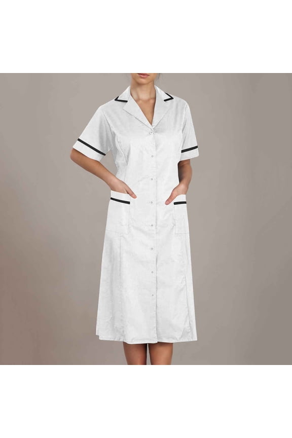 Scrubs Dress for Women Short Sleeve Lapel Neck Work Uniform Button Down Open Front Nursing Workwear with Pockets