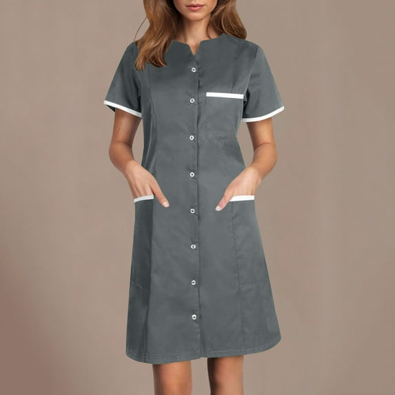 Abomasnow Scrubs Dress for Women Trendy Button Front Nursing Workwear Casual Short Sleeve Housekeeping Dresses with Pockets