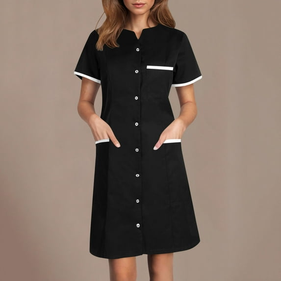 Abomasnow Scrubs Dress for Women Trendy Button Front Nursing Workwear Casual Short Sleeve Housekeeping Dresses with Pockets