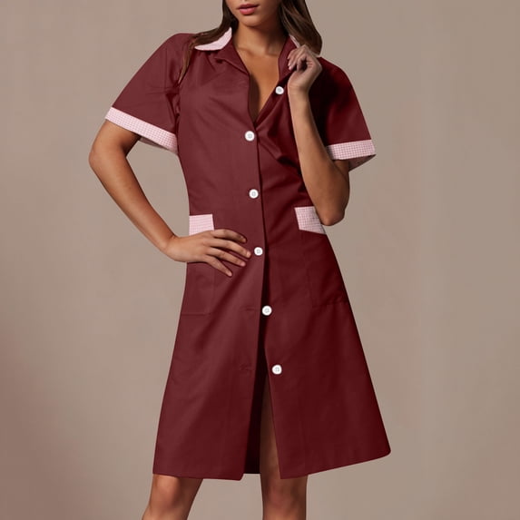 Abomasnow Scrubs Dresses for Women Casual Button Up Short Sleeve Nursing Dress Loose Fit Color Blocking Work Uniforms Dress