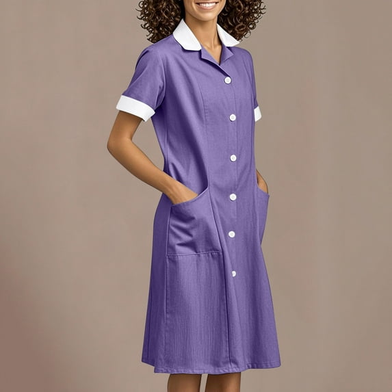 Abomasnow Scrubs Dresses for Women Plus Size Button Down Lapel Nursing Dress Short Sleeve Stretch Uniforms Dress with Pockets