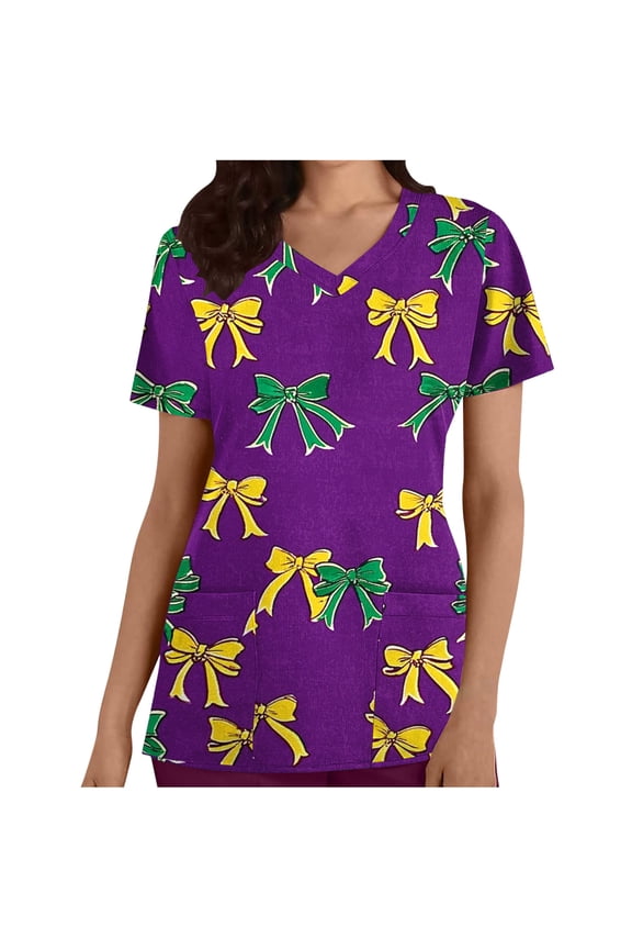 Scrubs for Women Fashion Floral Printed Plus Size Scrubs Casual V Neck Short Sleeve Nursing Uniforms