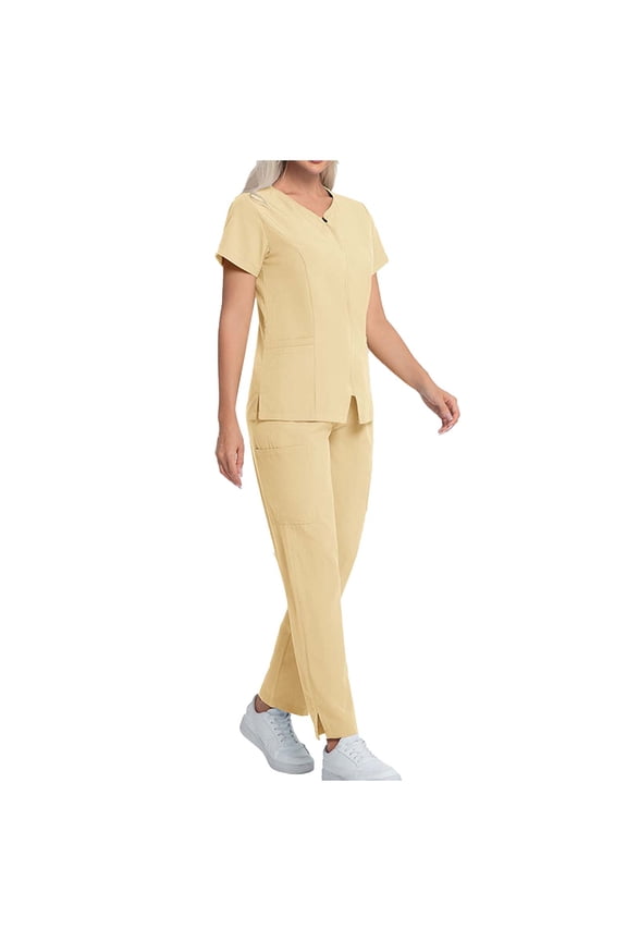 Scrubs for Women Set Medical Uniform Zipper Front V-Neck Top & Straight Leg Pants with 8 Pockets