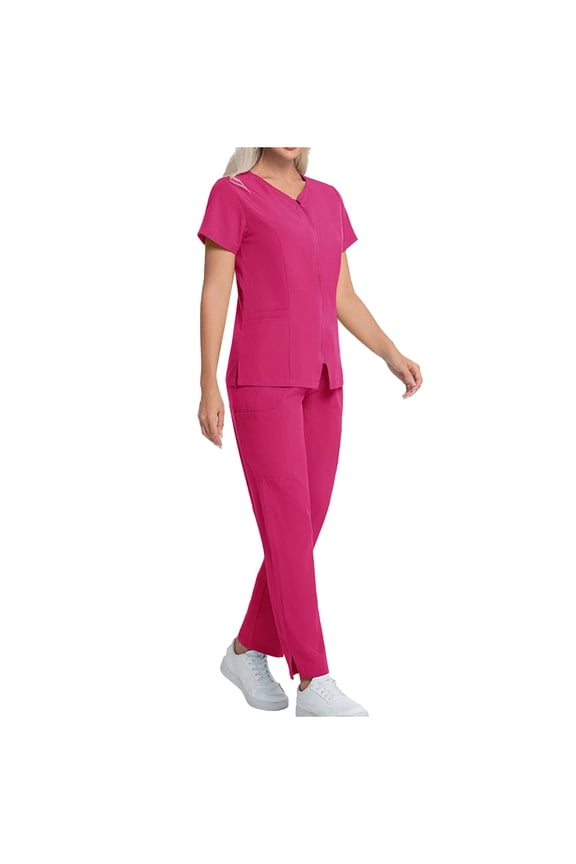 Scrubs for Women Set Medical Uniform Zipper Front V-Neck Top & Straight Leg Pants with 8 Pockets