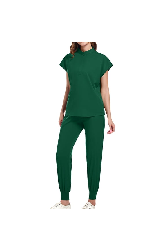 Scrubs for Women Set Mock Neck Short Sleeve Nurse Top and Joggers 2 Pieces Stretch Medical Nurse Uniforms Sets