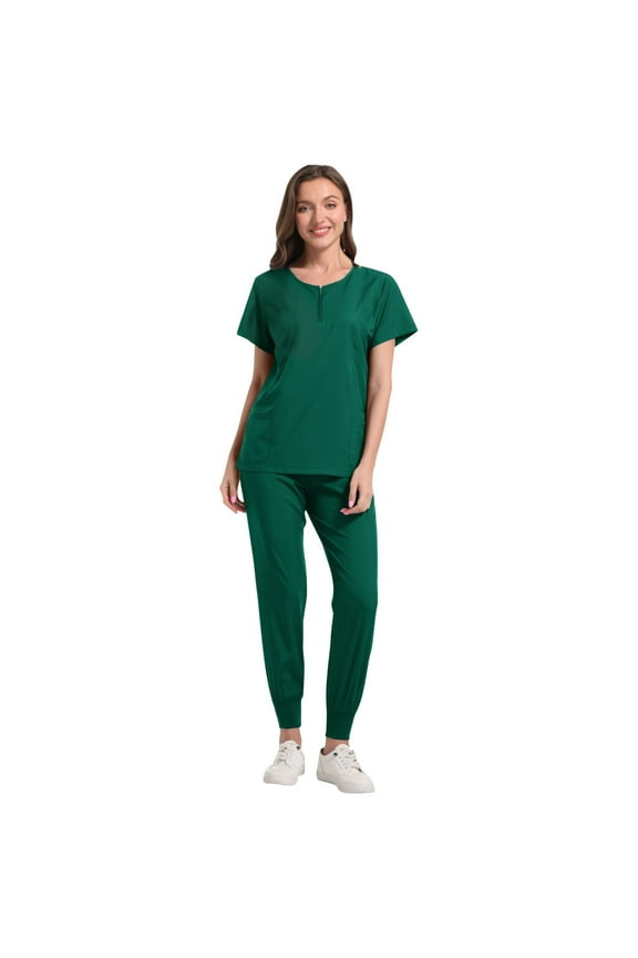 Scrubs for Women Set Short Sleeve Stretch V-Neck Scrub Top and Jogger Pants Zipper Front Quick Dry Nursing Uniforms