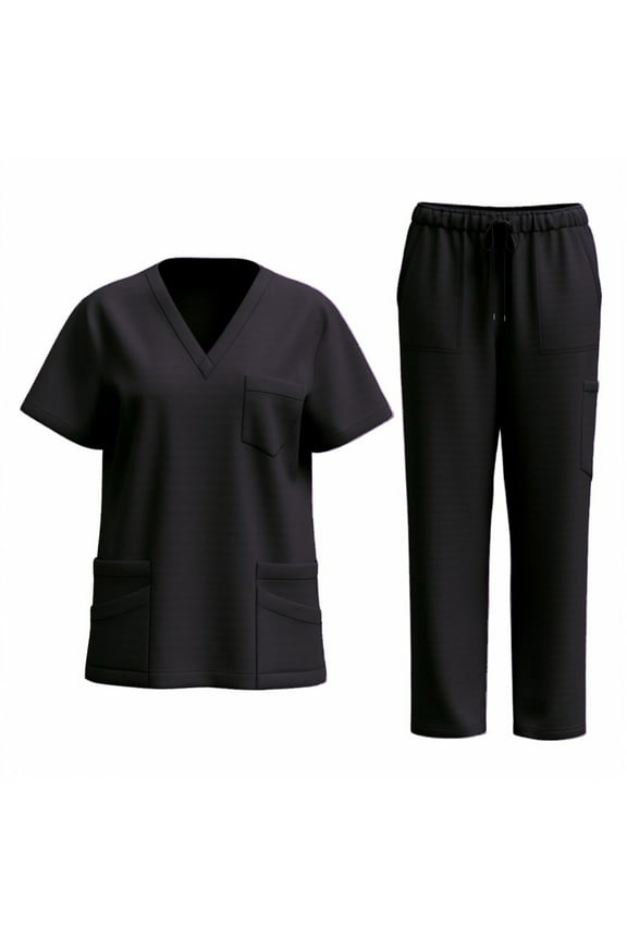 Scrubs for Women Set Short Sleeve V Neck Quick Dry Nursing Uniforms Solid Color Cool Stretch Cargo Scrub Set with Pockets Black M