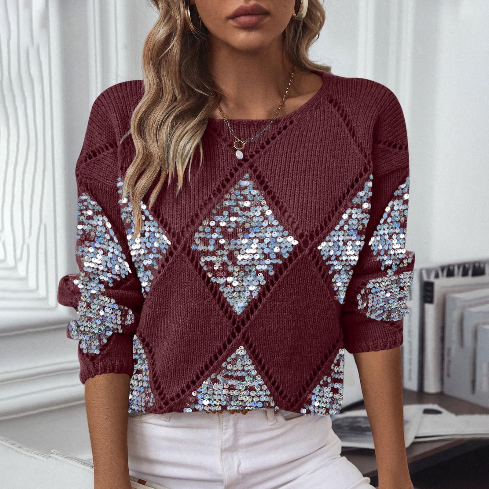 Abomasnow Sequins Tops for Women Argyle Sweater Fall Winter Knit Shirts ...