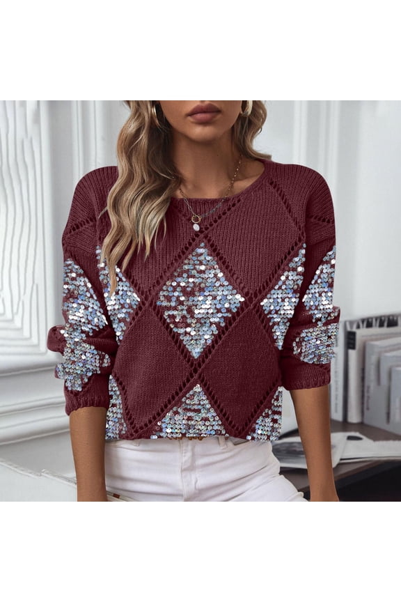 Sequins Tops for Women Argyle Sweater Fall Winter Knit Shirts Crewneck Long Sleeve Loose Pullover Top Party Clubwear