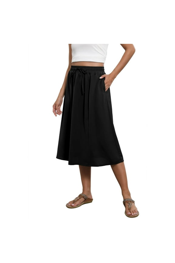Skirts for Women Midi Length A Line Swing Flowy Skirt Drawstring Elastic Waist Boho Skirts with Pockets Black L
