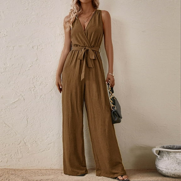 Abomasnow Sleeveless Wrap V Neck Elegant Jumpsuit for Women Dressy Casual 2025 Summer One Piece Wide Leg Long Pant Belted Romper