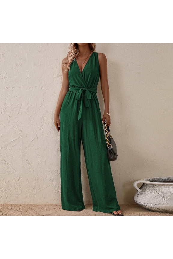 Sleeveless Wrap V Neck Elegant Jumpsuit for Women Dressy Casual 2025 Summer One Piece Wide Leg Long Pant Belted Romper