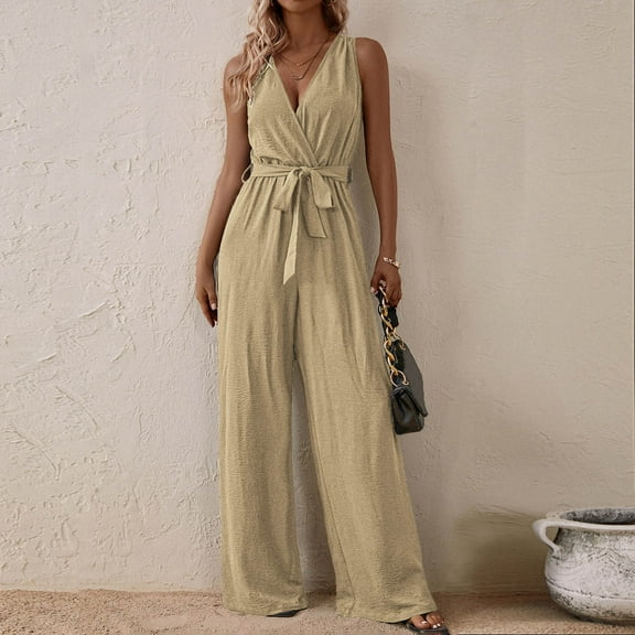 Abomasnow Sleeveless Wrap V Neck Elegant Jumpsuit for Women Dressy Casual 2025 Summer One Piece Wide Leg Long Pant Belted Romper