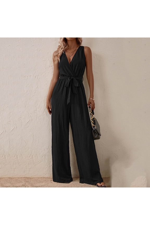 Sleeveless Wrap V Neck Elegant Jumpsuit for Women Dressy Casual 2025 Summer One Piece Wide Leg Long Pant Belted Romper