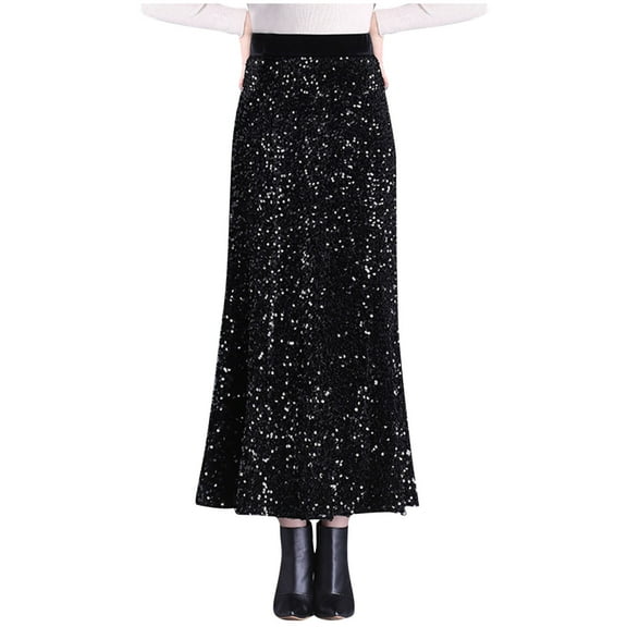 Abomasnow Sparkly Skirt for Women 2025 Elastic High Waist Sequin Maxi Skirt Night Out Evening Party Cocktail Long Glitter Skirt