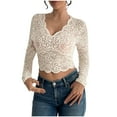 thumbnail image 1 of Abomasnow Spring Summer Blouses for Women Sexy Deep V Neck Long Sleeve Lace Sheer Tops Slim Fit Floral Mesh Cutout Going Out Tees Shirts, 1 of 7