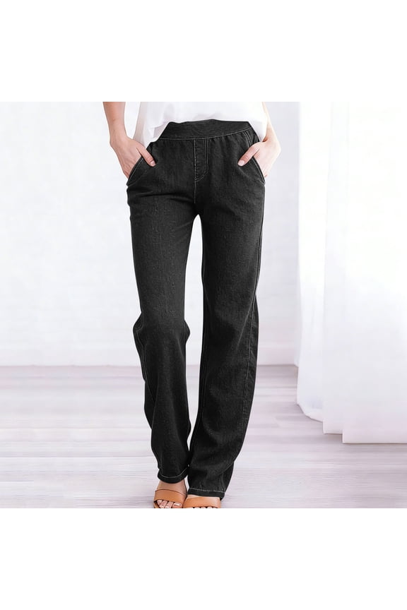 Straight Leg Jeans for Women Stretchy Pull on Jean Trendy Tummy Control High Waisted Denim Pants S-3XL