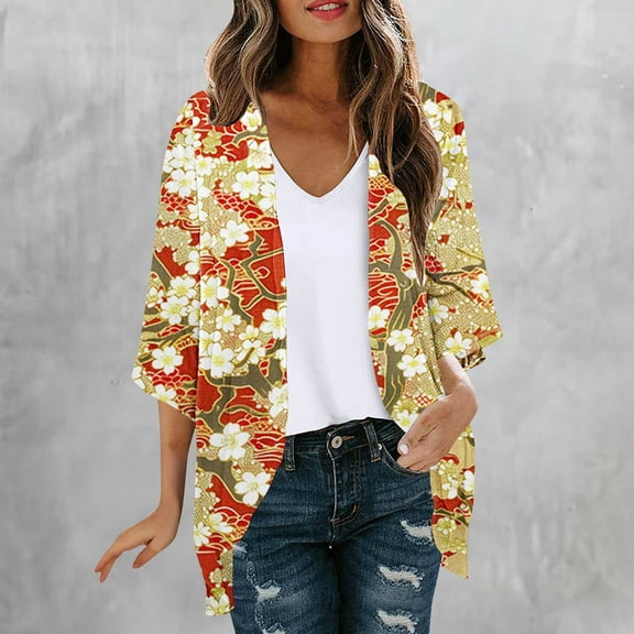 Abomasnow Summer Cardigans for Women Lightweight 3/4 Sleeve Boho Floral Print Kimono Cardigan Loose Beach Cover Ups Open Front Tops Swimsuit Cover Ups