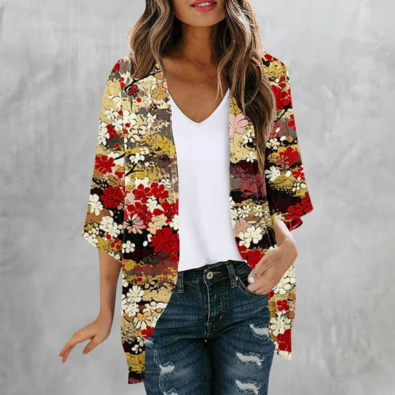 Abomasnow Summer Cardigans for Women Lightweight 3/4 Sleeve Boho Floral Print Kimono Cardigan Loose Beach Cover Ups Open Front Tops Swimsuit Cover Ups