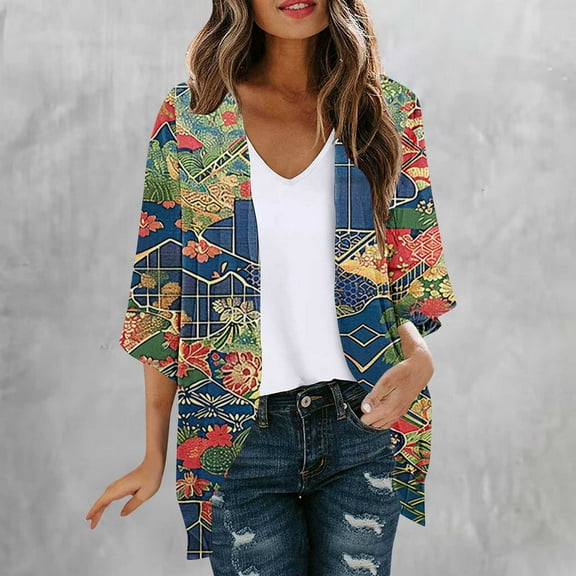Abomasnow Summer Cardigans for Women Lightweight 3/4 Sleeve Boho Floral Print Kimono Cardigan Loose Beach Cover Ups Open Front Tops Swimsuit Cover Ups