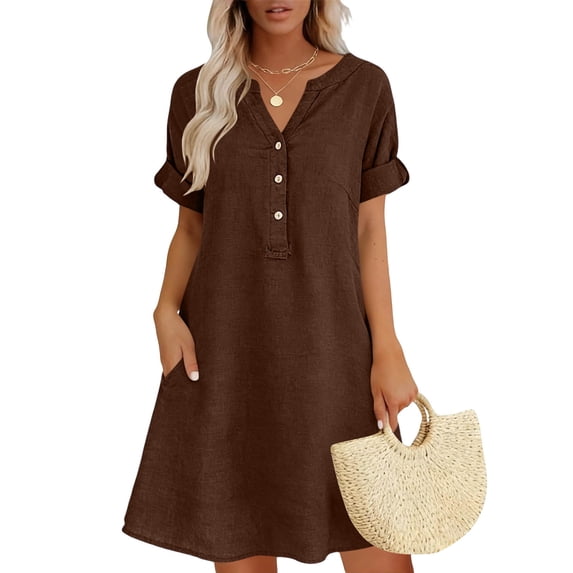 Abomasnow Summer Cotton Dresses for Women Plus Size Short Sleeve V Neck Button Down Mini Dress with Pockets S-5XL