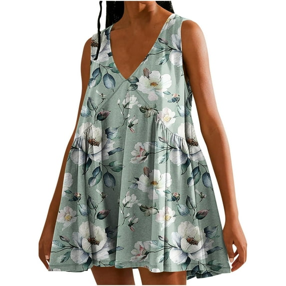Abomasnow Summer Dresses for Women 2025, Solid Sleeveless Boho Floral Print Tank Babydoll Dresses Casual Loose V Neck Sundress Vacation Holiday Beach Dress with Pockets