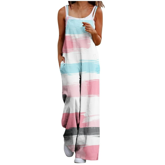 Abomasnow Summer Jumpsuits for Women 2025 Patchwork Casual Adjustable Spaghetti Straps Sleeveless Print Cute Linen Rompers With Pockets