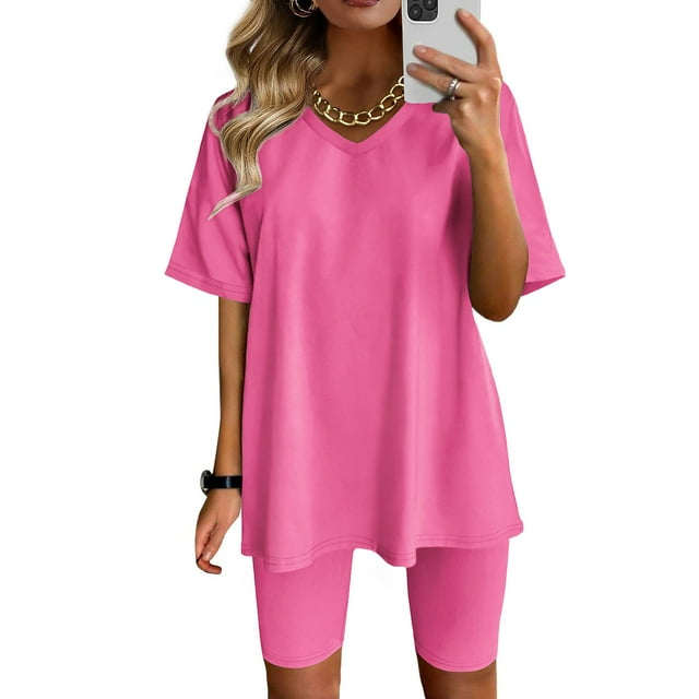 Abomasnow Summer Outfits for Women 2 Piece, Short Sleeve V Neck Crop Tops and Slim Fit Shorts Soft Loungewear Sets on Clearance