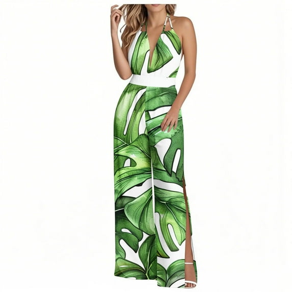 Abomasnow Jumpsuits for Women Casual Halter Neck Rompers Boho Floral Printed Wide Leg One Piece Pants