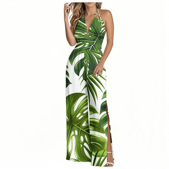 Abomasnow Jumpsuits for Women Casual Halter Neck Rompers Boho Floral Printed Wide Leg One Piece Pants