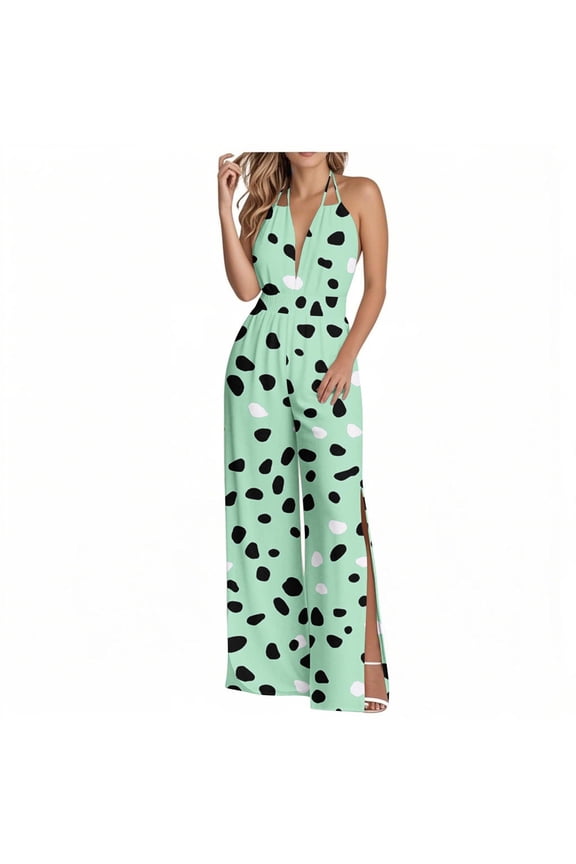 Jumpsuits for Women Casual Halter Neck Rompers Boho Floral Printed Wide Leg One Piece Pants