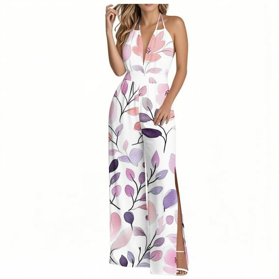 Abomasnow Jumpsuits for Women Casual Halter Neck Rompers Boho Floral Printed Wide Leg One Piece Pants