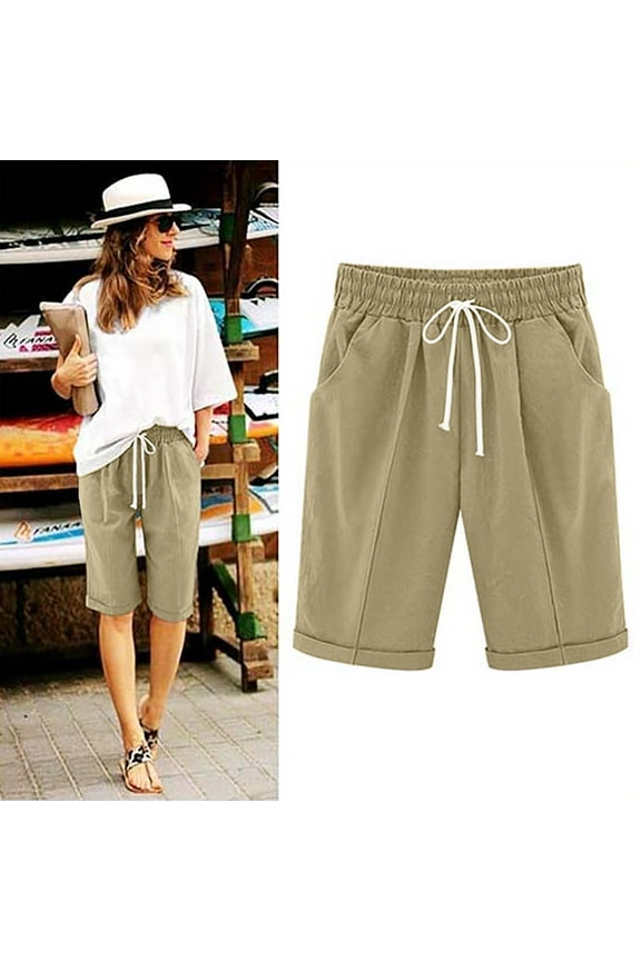 Women's Elastic Waist Knee Length Casual Cotton Bermuda Shorts with Drawstring