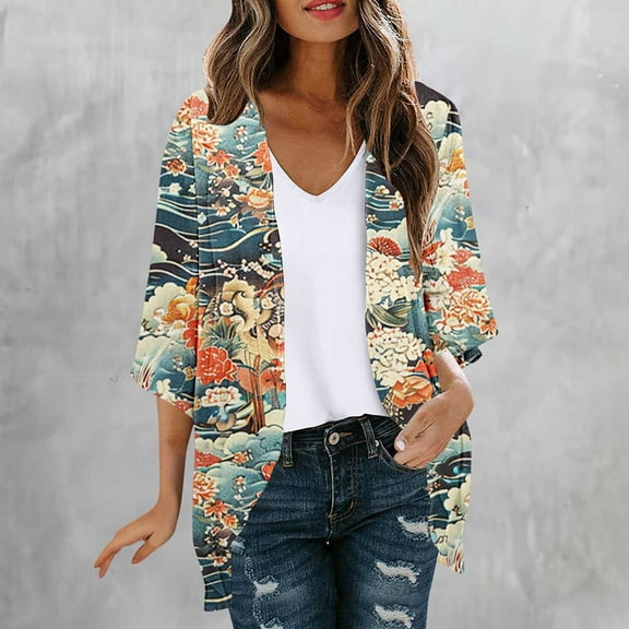 Abomasnow Women's Floral Print Puff Sleeve Kimono Cardigan Loose Beach Cover Ups Open Front Tops Swimsuit Cover Ups