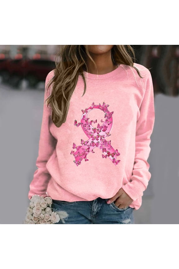 Swearshirt for Women Pink Ribbon Print Breast Cancer Awareness Blouses Casual Long Sleeve Crew Neck Pullover Tops for Breast Cancer Gifts