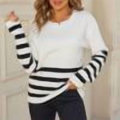 Abomasnow Sweaters for Women Long Sleeve Crewneck Knit Sweater Stripe Print Color Blocking Pullover Sweaters Tops