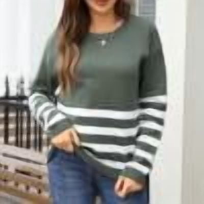 Abomasnow Sweaters for Women Long Sleeve Crewneck Knit Sweater Stripe Print Color Blocking Pullover Sweaters Tops