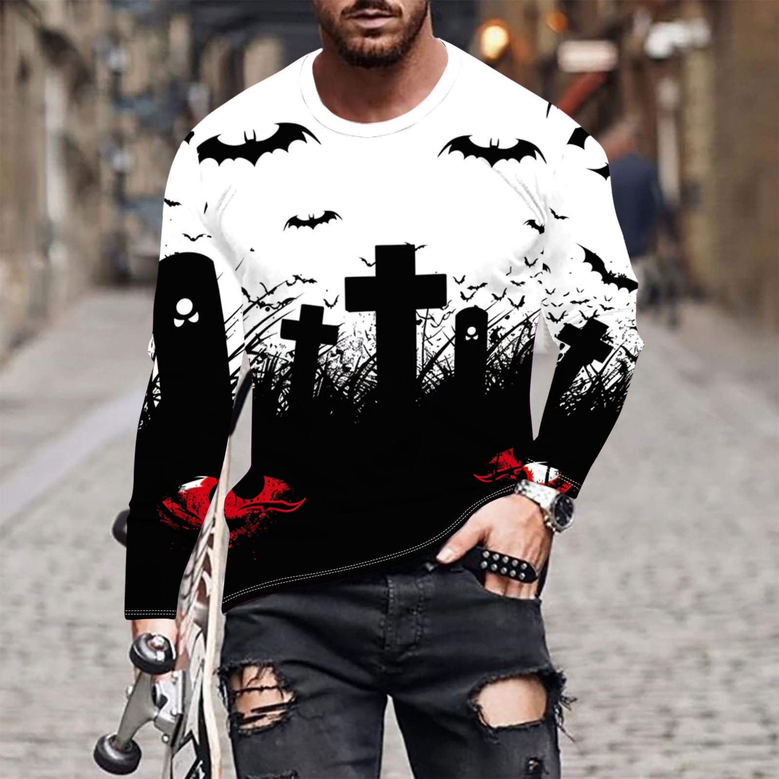 Yihaojia Halloween Cat Sweatshirt - Funny Ghost Graphic Long Sleeve Crewneck For Women (Spooky Fall Tops) - View #10