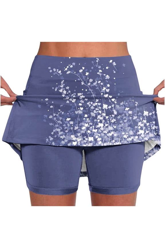 Tennis Skirts for Women Summer 2-in-1 Tummy Control Skirts with Shorts Floral Print High Waisted Stretchy Athletic Skorts on Clearance