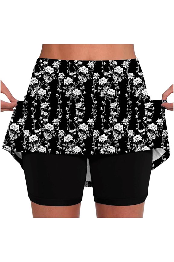 Tennis Skirts for Women Summer 2-in-1 Tummy Control Skirts with Shorts Floral Print High Waisted Stretchy Athletic Skorts on Clearance