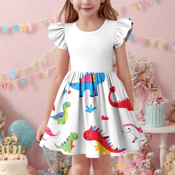 Abomasnow Toddler Girls Dresses Summer Flutter Sleeve Swing Sundress Kid Birthday Party A-Line Crewneck Dress 3-14 Years