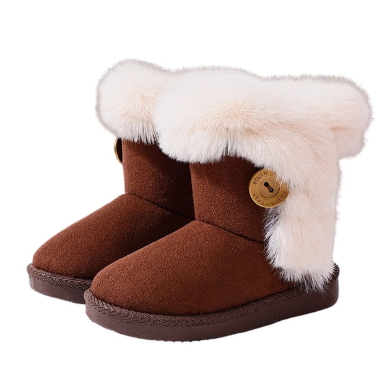 Abomasnow Toddler Kids Mid Calf Winter Snow Boots Polyester Upper Fuzzy Fleece Cuff Decorative Metal Button Thick Non‑Slip Sole Warm Boots for Boys Girls Cold Weather Daily Outdoor Wear