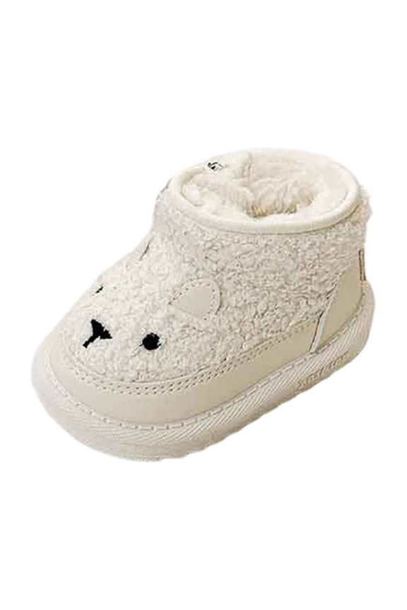 Toddler Winter Ankle Boots Cute Bear Face Fleece Lined Faux Leather Upper Warm Soft Sole Shoes for Outdoor Daily Wear