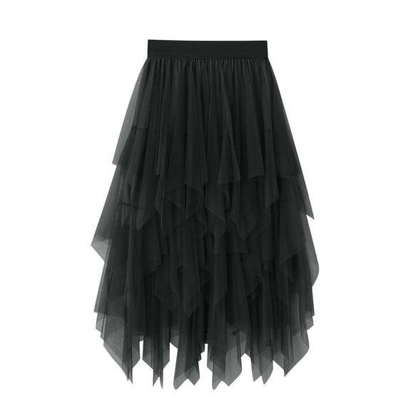 Cxenplz Tulle Skirts for Women Asymmetrical Pleated Tutu Midi Skirt Casual Cocktail Party Beach Elastic Waist Mesh Layered Skirts on Clearance