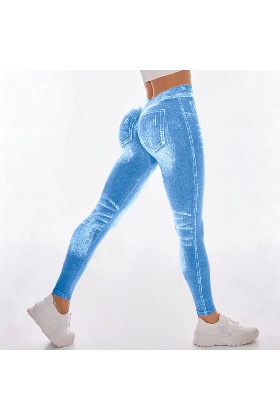 V Back Faux Denim Jeggings for Women Butt Lifting Tummy Control High Waisted Jeans Yoga Pants Scrunch Leggings